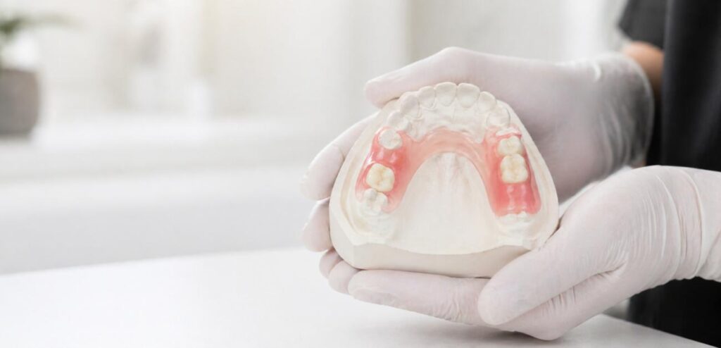 Partial dentures at MK Dental Studio: gloved hands holding a partial denture model in Fulshear, TX
